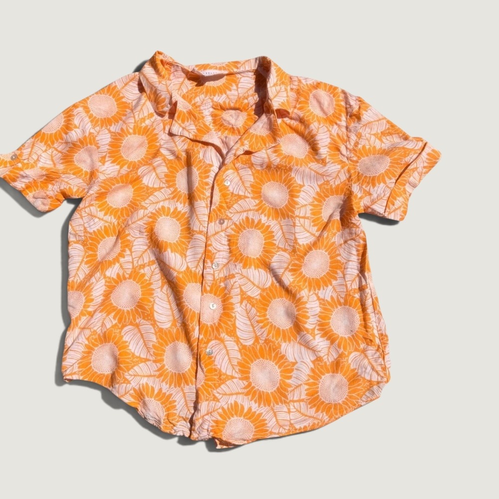 Jane + Delancey Orange and White Sunflower Print Button Down Camp Shirt Small